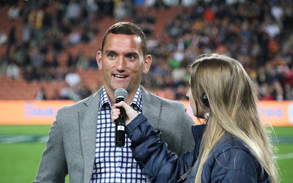Interviewing Chief and All Blacks halfback, Aaron Cruden at Waikato Stadium